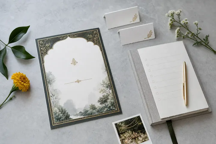 Invitation design, guest sharing and event planning materials arranged together